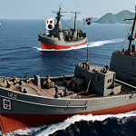 "The ROK Navy's humble beginnings: A few wooden ships under the flag of the Marine Defense Group in 1945, symbolizing the birth of the South Korean Navy."