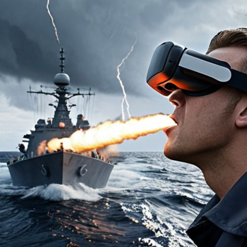 **VR Combat Immersion:**
    A first-person, highly immersive virtual reality experience from the bridge of a modern naval warship. The user wears a sleek, futuristic VR headset, and their field of view displays a hyper-realistic, turbulent ocean with crashing waves under a stormy sky. Tactical displays show enemy contacts, and a missile is seen launching from the ship. The atmosphere is tense and realistic, conveying the high stakes of a naval engagement or an internal ship emergency like a fire with smoke effects.
