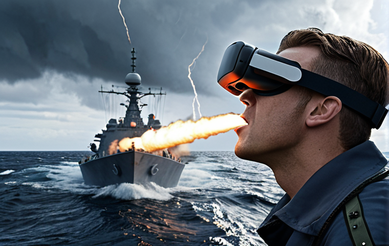 **VR Combat Immersion:**
    A first-person, highly immersive virtual reality experience from the bridge of a modern naval warship. The user wears a sleek, futuristic VR headset, and their field of view displays a hyper-realistic, turbulent ocean with crashing waves under a stormy sky. Tactical displays show enemy contacts, and a missile is seen launching from the ship. The atmosphere is tense and realistic, conveying the high stakes of a naval engagement or an internal ship emergency like a fire with smoke effects.