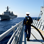 Replenishment at Sea**

"A fully clothed sailor on the deck of a modern naval ship, observing a replenishment at sea operation with a supply ship alongside, transferring fuel hoses, appropriate attire, safe for work, perfect anatomy, natural proportions, daytime, open ocean, clear skies, professional naval photography, high quality, family-friendly."

**