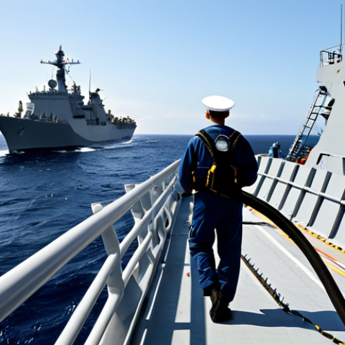 Replenishment at Sea**

"A fully clothed sailor on the deck of a modern naval ship, observing a replenishment at sea operation with a supply ship alongside, transferring fuel hoses, appropriate attire, safe for work, perfect anatomy, natural proportions, daytime, open ocean, clear skies, professional naval photography, high quality, family-friendly."

**