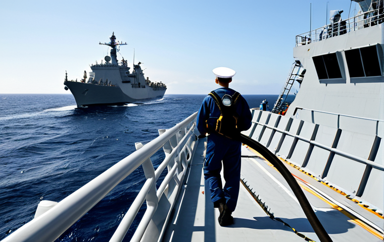 Replenishment at Sea**

"A fully clothed sailor on the deck of a modern naval ship, observing a replenishment at sea operation with a supply ship alongside, transferring fuel hoses, appropriate attire, safe for work, perfect anatomy, natural proportions, daytime, open ocean, clear skies, professional naval photography, high quality, family-friendly."

**