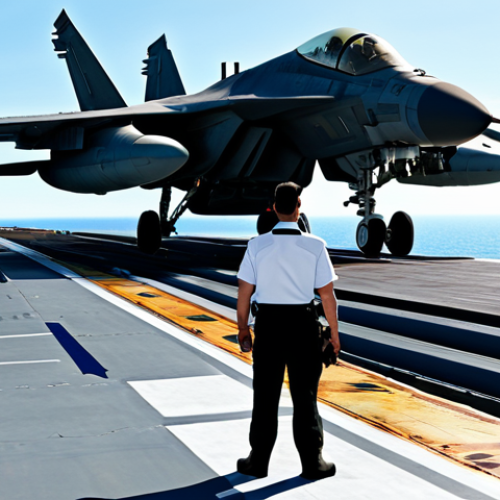 **

"A modern, fully clothed naval officer standing on the deck of a massive aircraft carrier, surrounded by fighter jets and crew members in appropriate attire, safe for work. The scene depicts organized activity and advanced technology, with perfect anatomy and correct proportions. Professional, family-friendly, high-quality render, blue sky, daytime."

**