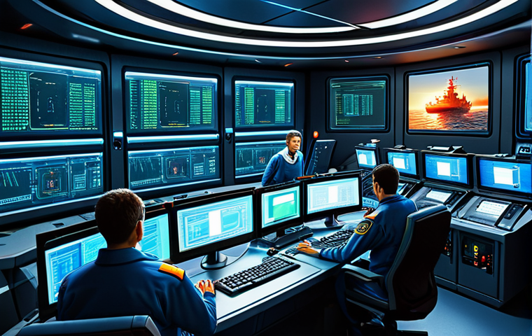 해군의 기밀 보안 시스템 - Cyber Security Operations Center**

"A bustling, modern naval cybersecurity operations center, fille...